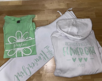 3pc flower girl wedding sweatsuit with Tshirt | Flower girl getting ready outfit | youth girls sweatsuit | Flower girl proposal gift set