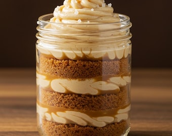 May include: A layered dessert in a clear glass jar. The dessert features alternating layers of cake, caramel, and frosting, topped with a swirl of frosting and sprinkled with coarse salt. The jar sits on a wooden surface.