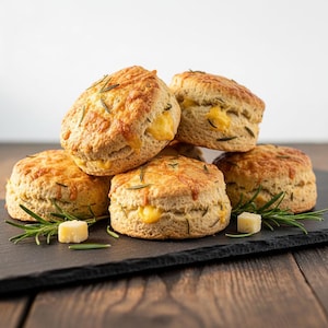 May include: A pile of freshly baked, golden-brown scones with cheese and rosemary. The scones are on a black slate board with cheese cubes and rosemary sprigs. The image is set against a wooden background.