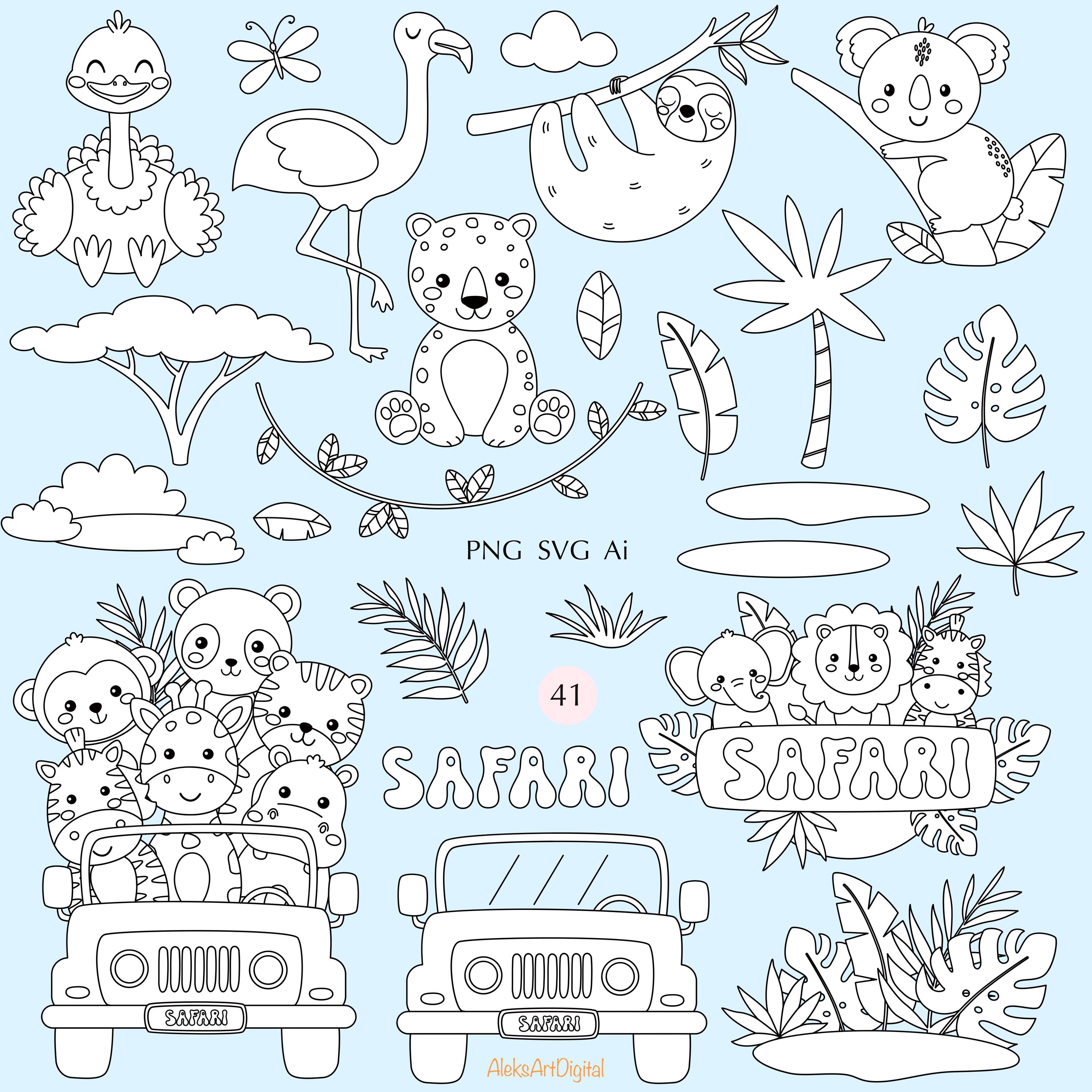 Safari Animals Coloring Pages Clipart Bundle | Jungle Animals Line Art ...