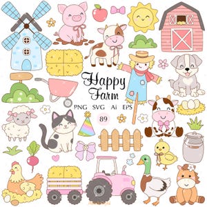 以下が含まれることがあります： 豚、牛、羊、猫、犬、鶏、アヒル、馬などの漫画の農場の動物と要素のカラフルなイラスト。風車、納屋、トラクター、そして「Happy Farm」のテキストも含まれています。