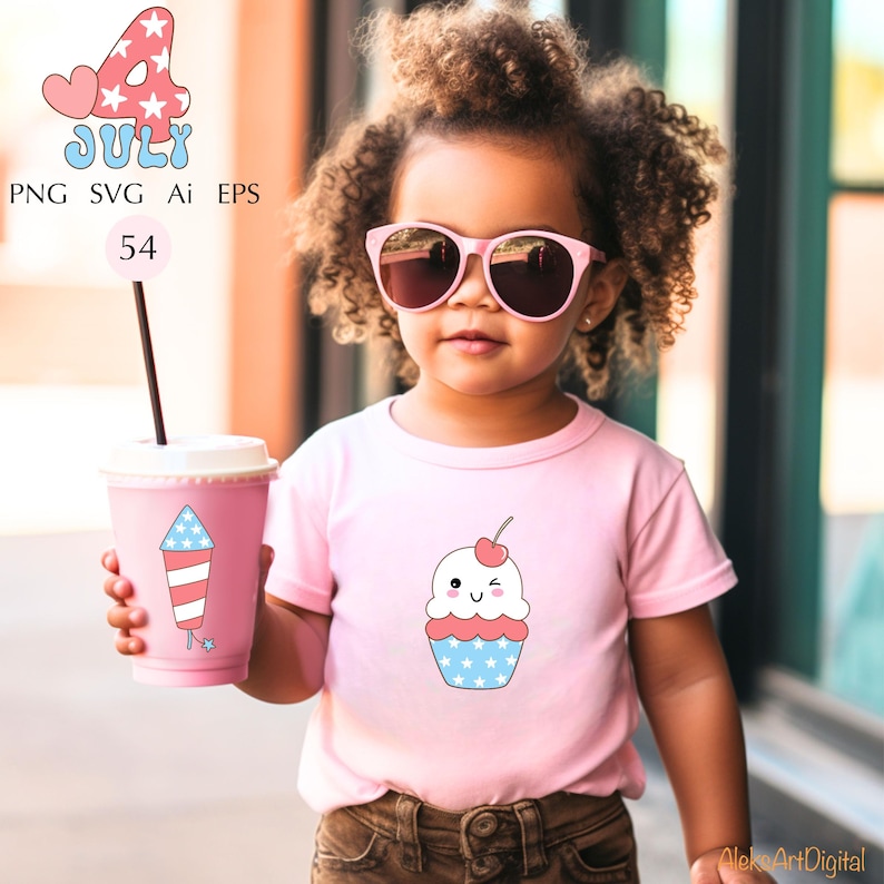 Puede incluir: Una ni&ntilde;a con gafas de sol rosas y una camiseta rosa con un dise&ntilde;o de cupcake. La ni&ntilde;a sostiene una taza rosa con un dise&ntilde;o de fuegos artificiales. La imagen incluye el texto "4 July" y "PNG SVG Ai EPS".