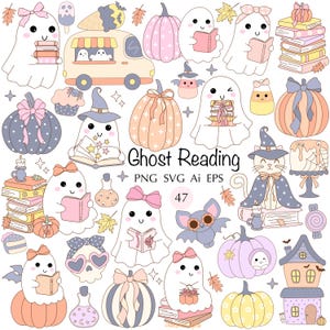 Op de afbeelding: Een verzameling schattige, cartoonachtige illustraties met geesten, pompoenen en andere Halloween-thema-elementen. De zin "Ghost Reading" wordt weergegeven, samen met andere tekst. Het kleurenpalet bevat pastelkleuren van roze, oranje en blauw.
