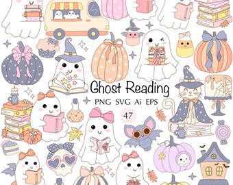 Ghost reading clipart 47 SVG Bookish halloween png Reading autumn vibes Trendy bookish Book lover clipart Halloween Cute School Kids Ghost