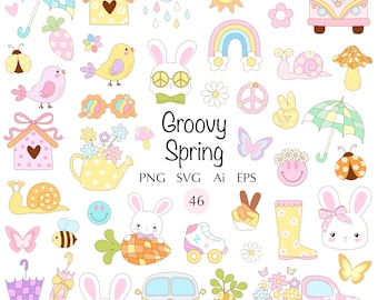 Może przedstawiać: Zestaw 46 groovy wiosennych ilustracji clipart. Ilustracje obejmują tęczę, znak pokoju, królika, biedronkę, pszczołę, kwiat, grzyb, ślimaka, słońce, chmurę, dom, furgonetkę, okulary przeciwsłoneczne, konewkę, marchewkę, rolki, buty, parasol i znak pokoju.