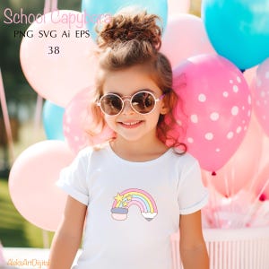 May include: A young girl wearing a white t-shirt with a rainbow graphic, stars, and a cloud. She is smiling and wearing round sunglasses. The background features pink and blue balloons. Text on the image reads "School Capybara" and "PNG SVG Ai EPS 38".