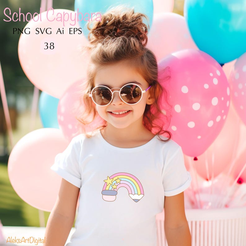 May include: A young girl wearing a white t-shirt with a rainbow graphic, stars, and a cloud. She is smiling and wearing round sunglasses. The background features pink and blue balloons. Text on the image reads "School Capybara" and "PNG SVG Ai EPS 38".