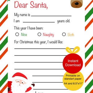 Carta infantil a Papá Noel en formato PDF, Carta a Papá Noel en formato SVG, Carta navideña, PNG imprimible Ilustración digital de Papá Noel y renos