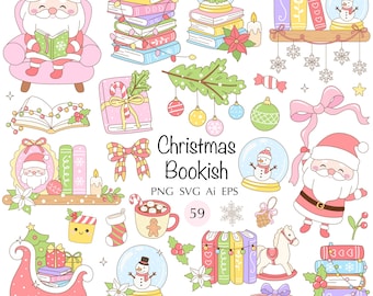Christmas Book Clipart Set, Hand Drawn Santa, Holiday Books (PNG, SVG)