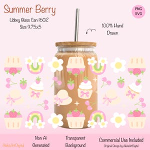 Berry Harvest Glass Can Wrap: Strawberry Cherry Floral Design (PNG SVG Digital Download)