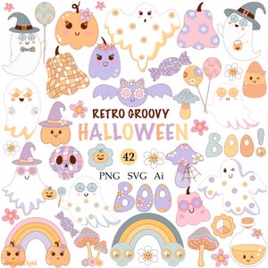Groovy Halloween Clipart PNG Retro 70s Style, bundle of digital graphic vector elements SVG, Ai