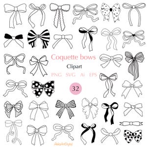 Coquette zwarte strikken 32 girly clipart svg, schattig haarlinten png, retrostijl stropdas uit de vrije hand tekenen vectorafbeeldingen Ai EPS