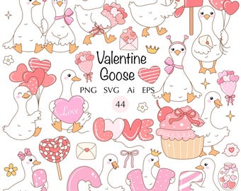 Valentine Goose Clipart, Ducks with Hearts, PNG SVG EPS