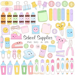 May include: A selection of colourful school supplies, including crayons, sticky notes, glue, scissors, and markers. The image features a variety of stationery items with cute, cartoon-like faces. The text "School Supplies" is displayed in the centre.
