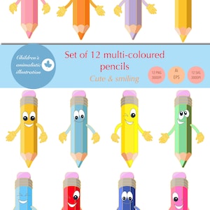 笑顔の鉛筆のクリップアート：子供向けステッカー、PNG、SVG、AI（デジタルダウンロード）
