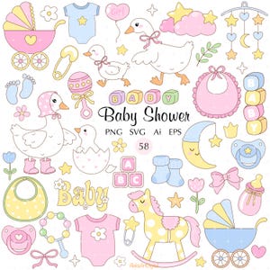 Clipart de chá de bebê com gansinhos engraçados, patinhos em tons pastel, imagens para recém-nascidos (PNG SVG Ai EPS)