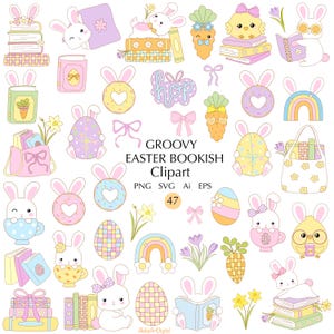 Groovy Easter Bookish clipart 47 carina primavera Buona Pasqua in colori pastello tenui coniglietti, libri, galline uova retrò bambino illustrazione vettoriale