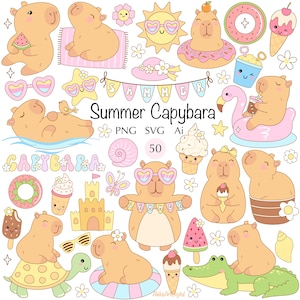 Clipart de capibara de verano, 50 SVG, pegatinas pastel, planificador kawaii, capibara divertida, PNG, elementos tropicales de playa, animales lindos, gráficos de sublimación