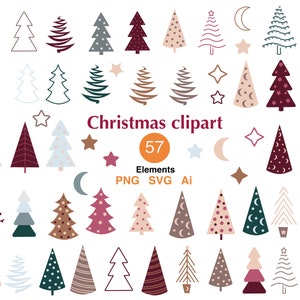 Weihnachtscliparts, Neujahrsbaum-Illustration PNG SVG in warmen Farben, Mond, Sterne, vereinzelte Vektor-Neujahrselemente. Weihnachtliche gemütliche Deko