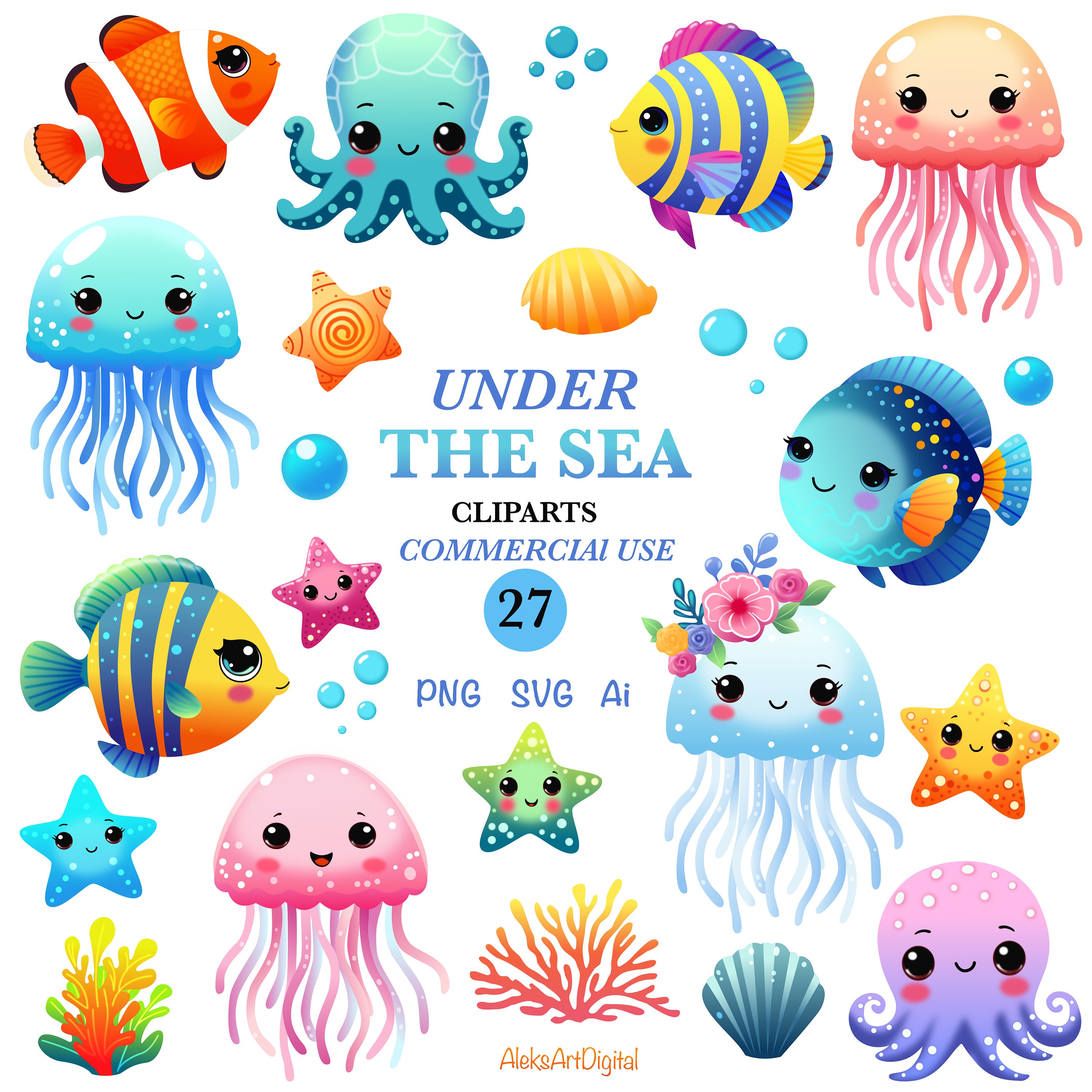 Under the Sea Clipart: Fish, Jellyfish, Octopus, Starfish (PNG, SVG, AI) -  Etsy Israel, image size:3000x3000