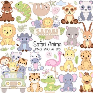 Safari animal 43 cliparts SVG animaux sauvages PNG Bundle Animal de zoo mignon SVG décoration de fête d'enfants décoration de shower de bébé animaux de la jungle png