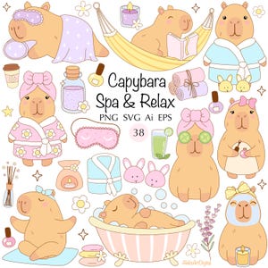 May include: A digital illustration featuring capybaras in a spa and relaxation theme. The image includes capybaras in bathrobes, face masks, and eye masks, along with spa-related items like candles, towels, and bath products. The text "Capybara Spa & Relax" is also present.