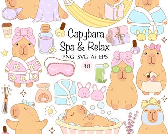 Capybara Spa Day Clipart: Relax Animals, Kawaii PNG SVG (38 Files)