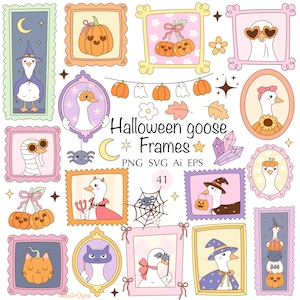 May include: A collection of whimsical Halloween-themed frames featuring cartoon geese in various costumes. The frames are in pastel colors, with pumpkins, ghosts, and witch hats. Text reads "Halloween goose Frames".