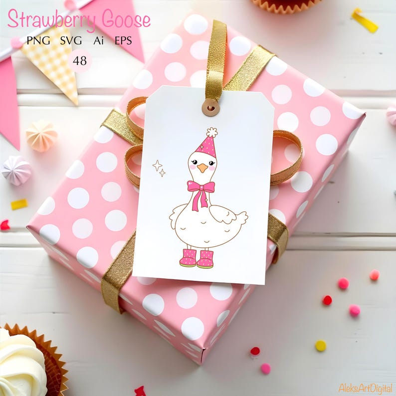 May include: A white goose wearing a pink party hat and pink boots with a pink bow around its neck. The goose is on a white tag with a pink polka dot background.