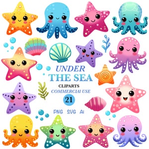 Imágenes prediseñadas del mundo submarino SVG, estrellas de mar brillantes, pulpos lindos PNG, conjunto de vectores de conchas y algas. Ilustración digital SVG Dibujo a mano alzada.