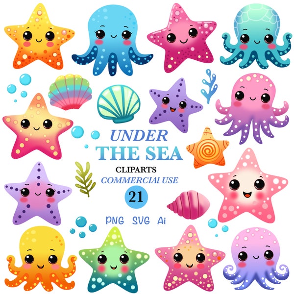 Underwater world clipart SVG, bright starfish, cute octopuses PNG, shells and algae vector set. Digital illustration SVG Freehand drawing.