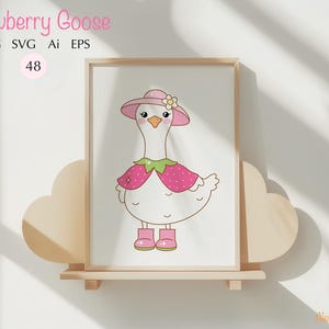 May include: A white goose wearing a pink hat with a flower and a pink strawberry costume. The goose is wearing pink boots and is standing on a white background.