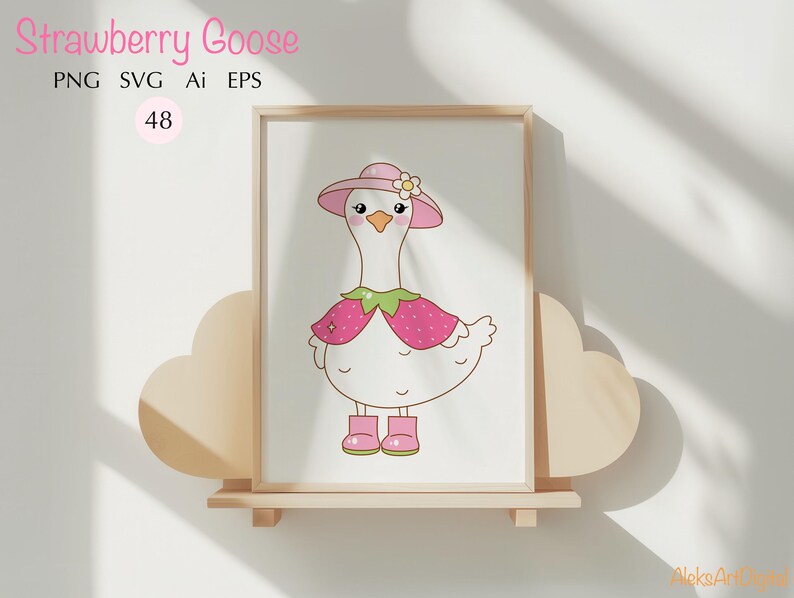 May include: A white goose wearing a pink hat with a flower and a pink strawberry costume. The goose is wearing pink boots and is standing on a white background.