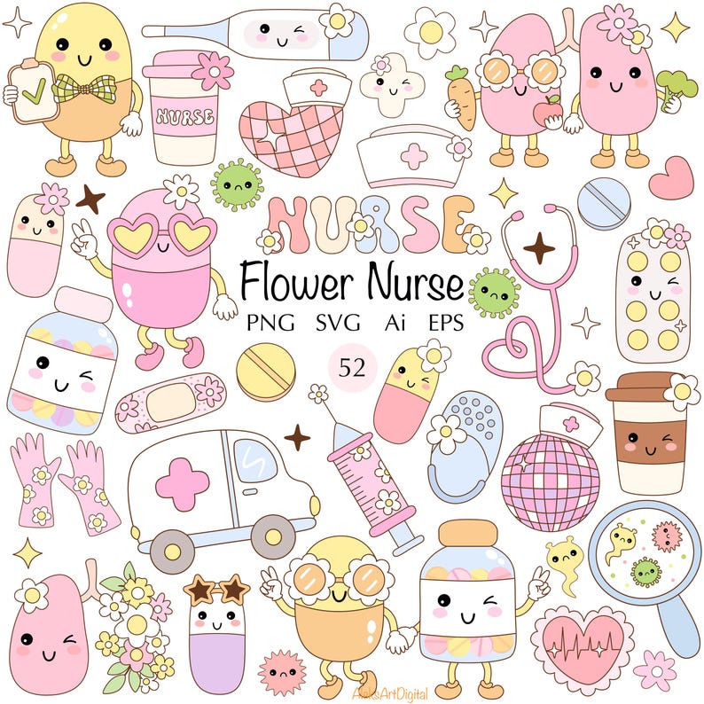 May include: A set of 52 colorful cartoon illustrations featuring a flower nurse theme. The illustrations include a nurse's hat, a stethoscope, a pill, a syringe, a bandage, a thermometer, a coffee cup, a flower, a heart, a virus, a magnifying glass, a first aid kit, a car, and a pair of gloves. The illustrations are perfect for creating digital or printed products such as stickers, greeting cards, party decorations, and more.