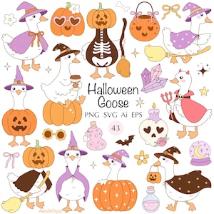 Puede incluir: Un conjunto de ilustraciones con temática de Halloween con gansos disfrazados. Los diseños incluyen gansos vestidos de brujas, esqueletos y vampiros, junto con calabazas, escobas y botellas de pociones. También está presente el texto "Halloween Goose".
