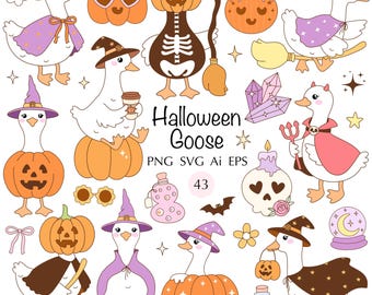 Halloween Goose Clipart Bundle, Retro Groovy Cartoon (svg, png, eps, ai)