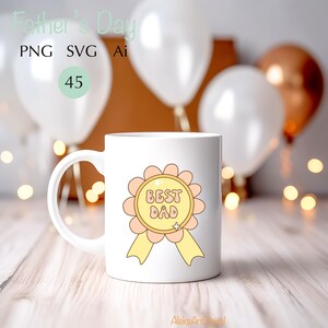 May include: White ceramic mug featuring a "Best Dad" design in a retro style. The design includes a yellow and peach-colored badge with a ribbon. The mug is set against a background with balloons and the text "Father's Day".