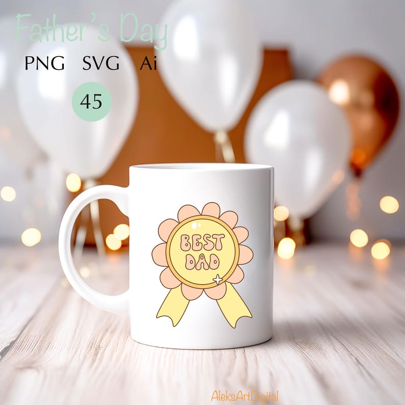 May include: White ceramic mug featuring a "Best Dad" design in a retro style. The design includes a yellow and peach-colored badge with a ribbon. The mug is set against a background with balloons and the text "Father's Day".
