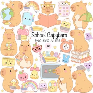 May include: A collection of cute, cartoon-style illustrations featuring capybaras with school-themed items. The images include capybaras holding a globe, reading a book, and with a backpack. Other elements include pencils, apples, and a rainbow.
