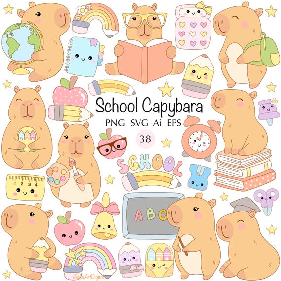 School Capybara Clipart SVG, Kawaii Kids Learning (Digital Download)