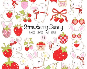 Strawberry Bunny Clipart, Coquette Red Bows, 51 svg png ai eps (Digital Download)