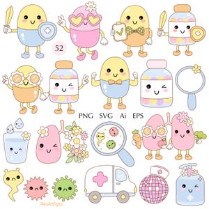 May include: A set of 15 colorful cartoon illustrations featuring various medical and health-related items, including pills, medicine bottles, a thermometer, a stethoscope, a syringe, a bandage, a first aid kit, a doctor's bag, and a hospital bed. The illustrations are in a cute and whimsical style, with big eyes and smiling faces.