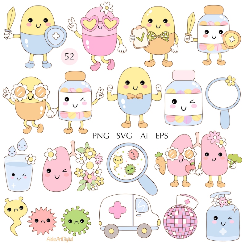 May include: A set of 15 colorful cartoon illustrations featuring various medical and health-related items, including pills, medicine bottles, a thermometer, a stethoscope, a syringe, a bandage, a first aid kit, a doctor's bag, and a hospital bed. The illustrations are in a cute and whimsical style, with big eyes and smiling faces.