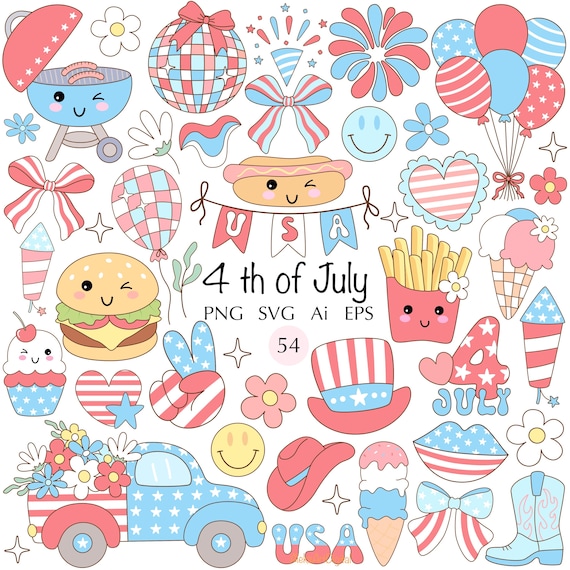 Retro 4th of July Clipart: Groovy Independence Day SVG, PNG (Digital Download)