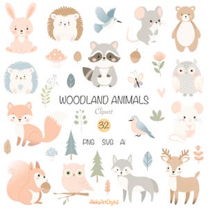 Images clipart numériques d'animaux de la forêt aux couleurs pastel Lot SVG d'animaux de la forêt de dessins animés mignons PNG vector illustration numérique pour enfants