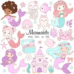 May include: A collection of whimsical mermaid illustrations in shades of pink, purple, and blue. The image includes mermaids, sea creatures, a treasure chest, and a castle. The word "Mermaids" is written in a decorative font.