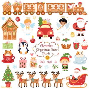 Train de pain d'épice Noël Clipart SVG vectorielles ensemble de jolis graphiques de nouvel an en style cartoon PNG, décorations de vacances du père Noël en traîneau