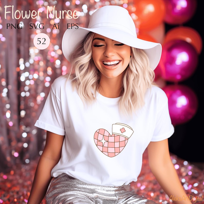 May include: A woman wearing a white t-shirt with a pink heart design featuring a nurse's hat. The heart is checkered and has a small star in the center. The text "Flower Nurse" is visible at the top of the image.