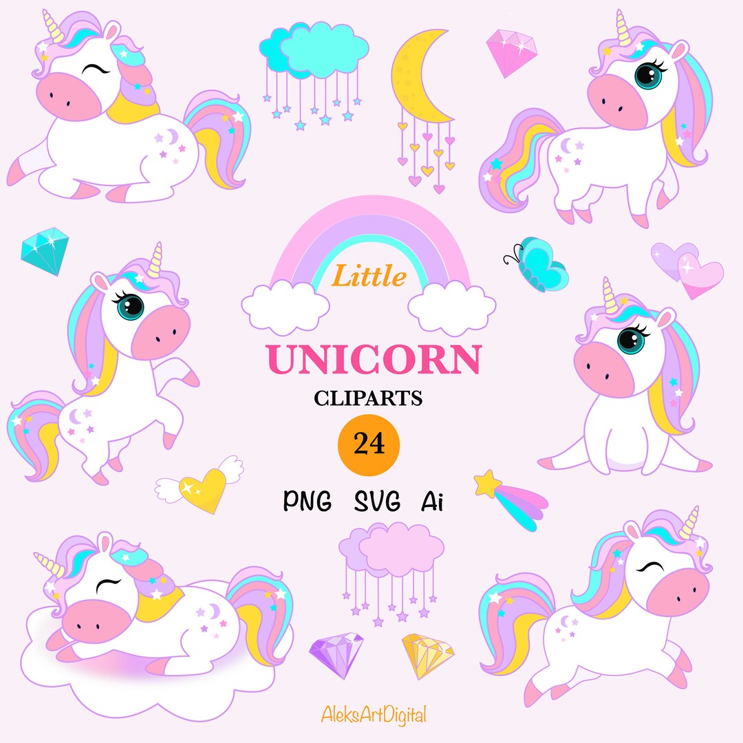 Unicorn Baby Clipart SVG, Set of Unicorn PNG With Rainbow, Stars ...