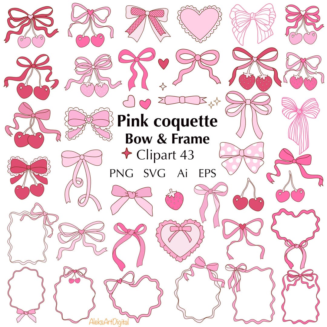Pink Coquette Bow Clipart: Cherry & Strawberry Ribbon Frames (SVG, PNG ...
